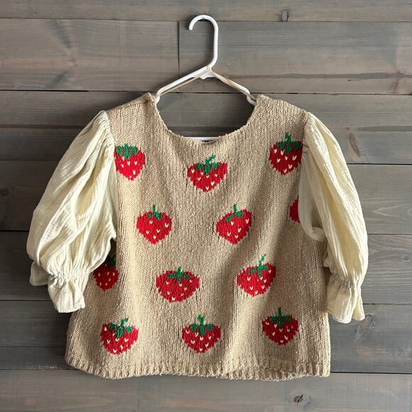FREE PEOPLE | NWT Strawberry Jam Embroidered Knit Crop Top XL Cottagecore Boho - Picture 2 of 7